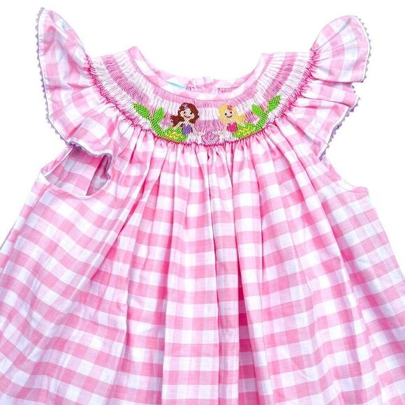 Southern Sunshine Classic Whimsy Mermaid Smocked Embroidered Pink Plaid Dress 6 - Picture 1 of 7